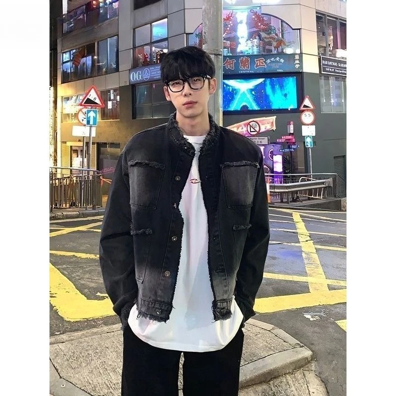 All-match jacket Korean style street fashion trendy brand stand collar denim jacket washing and old denim suit