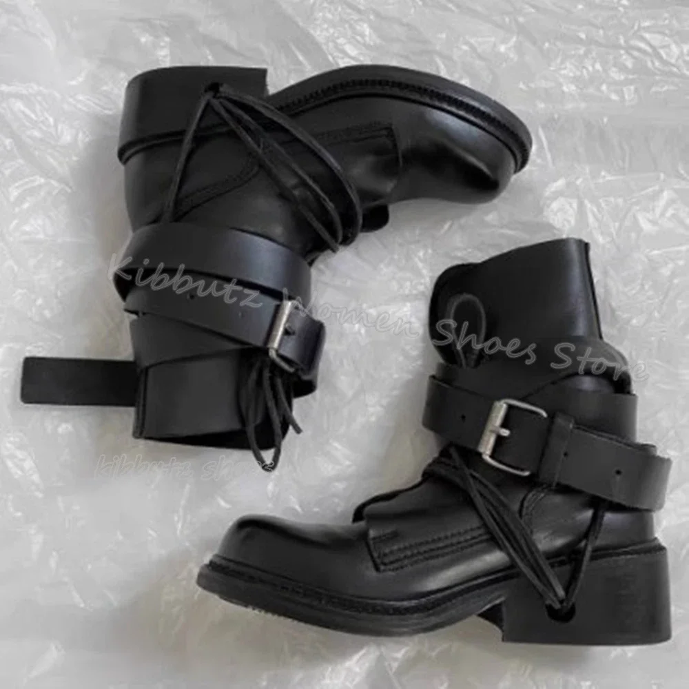 Belt Buckle Ankle Boots Luxury Leather Elegant Concise Fashion Luxury Solid Color Party Women Shoes New Round Toe Chunky Heels