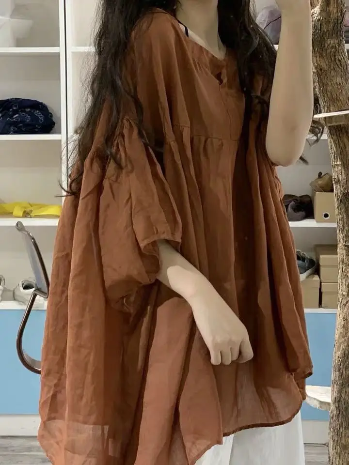 قميص نسائي فضفاض بتصميم فني عتيق، مقاس كبير، قميص صيفي كاجوال فضفاض بطراز قديم، بأزرار وياقة مستديرة وأكمام قصيرة