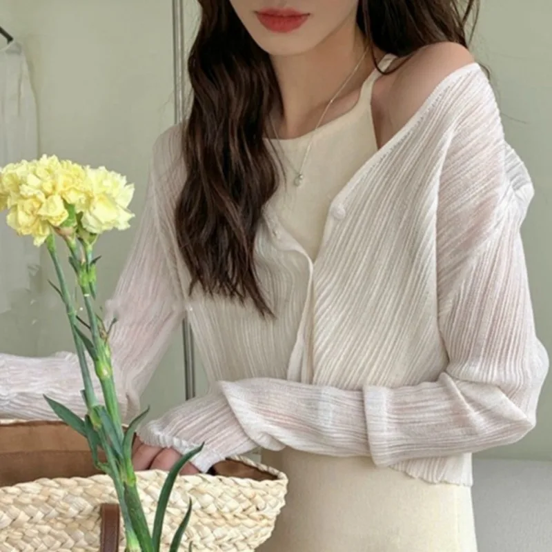 Summer Ice Silk Thin Outerwear Sun Protection Cardigan Knit Women Short Tops Bow Lace Up Short Suspender Skirt Shawl Coat