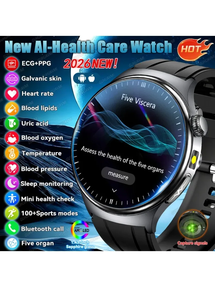 2026 Neue KI-Diagnose-Pflege-Smartwatch EKG+PPG Präzise Messung von Harnsäure, Blutdruck, Körperfett, Fitness der fünf Organe, wasserdichte Smartwatch