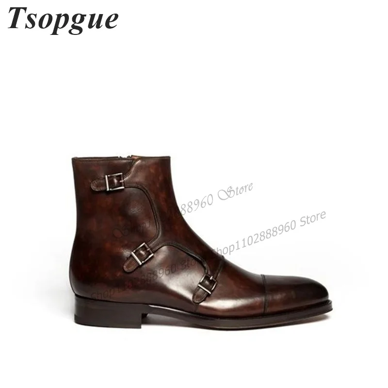 Solid Leather Belt Buckle Decor Men Shoes Men's Ankle Boots High Quality Side Zipper Casual Party Shoes 2023 Zapatillas Mujer