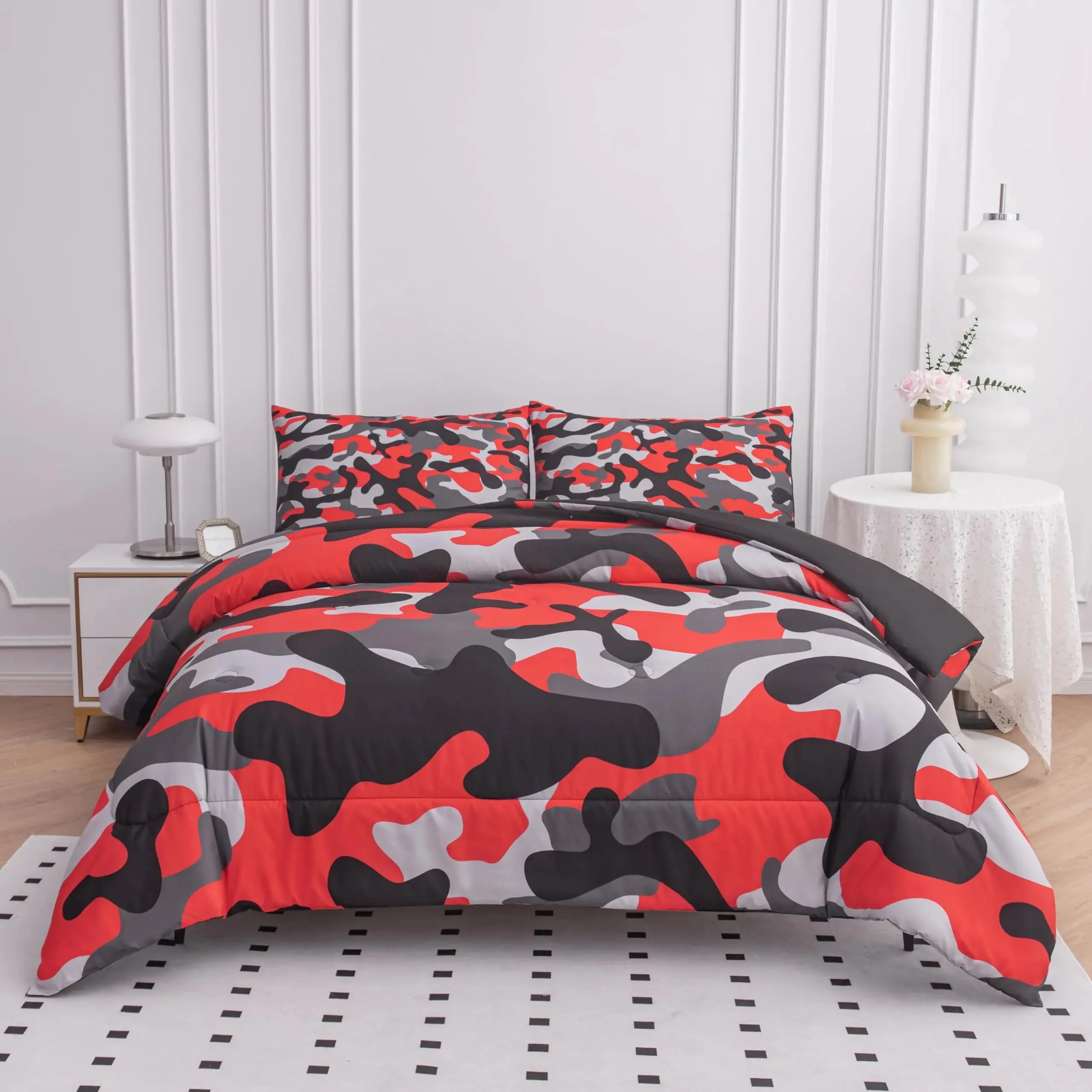 3 Pcs Grey Camo Comforter Bedding Set Full Size, Camouflage Army Design Bedding Collections for Kid Boy, Soft All-Season Bed Set