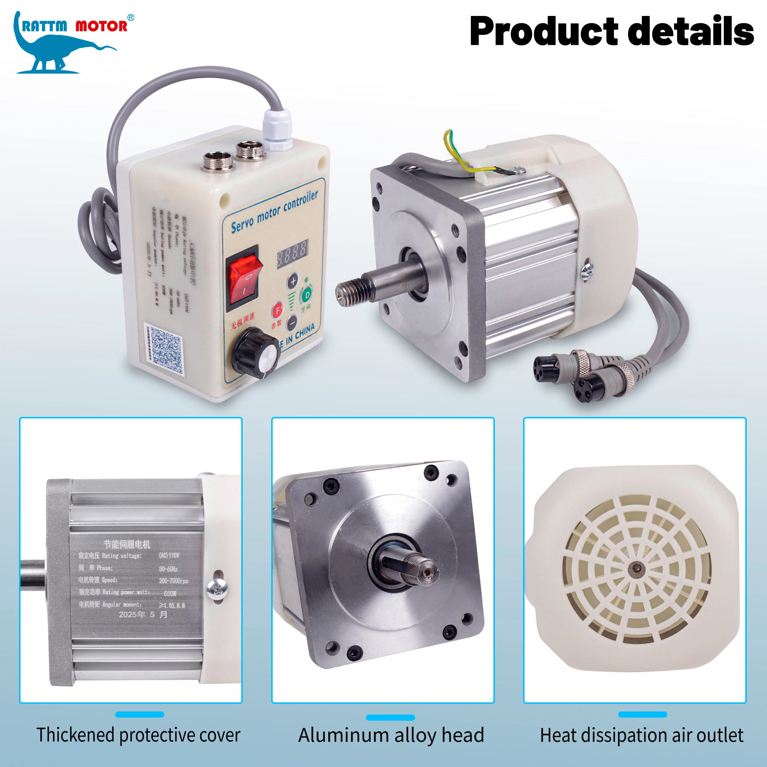 【US】550W, 750W, 1.1kW, 2200W 220V AC Brushless Servo Motor Kit for Lathes and Various Machinery