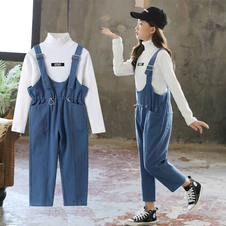 

2024 Korean Spring Sutumn School Girl 2pcs Suit Teenaegr Girl High Collar Undershirt+Strap Jeans Junior Girl 2-Piece Sets