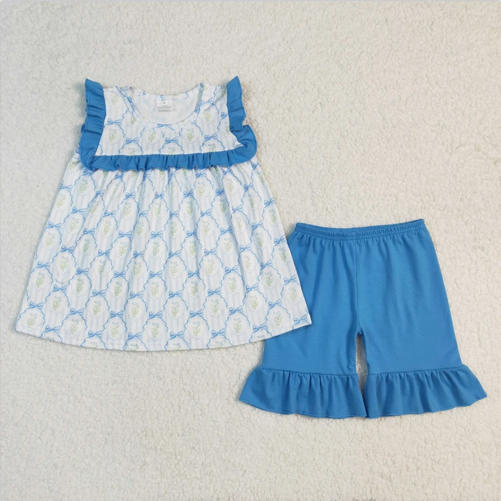 

New Kid Cute Girls Outfits Fashion Summer Baby Girls Blue Bows Flowers Shorts Set 2 Pieces Sets Toddler Kids Clothes