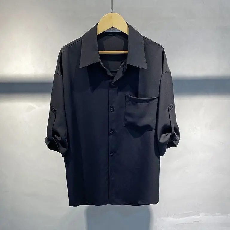 Ice Silk Shirt for Men's Summer Thin Loose Drooping Three-quarter Sleeve High-end Design Casual and Versatile