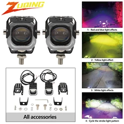 Motorcycle LED Spotlight Dual Color Hi/Low Beam Fog Lamps for ATV UTV 12V Mini Lens Headlight Driving Light Motocross Dirt Bike