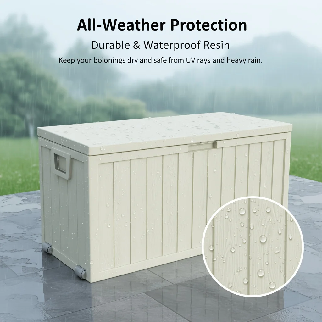 75 Gallon Outdoor Storage Box with Handles, Deck Box with Handles for Pool Additions, Garden Tools, Camping Gear, Holiday Gift, Easy to Assemble, Box, Cabinet, Rack for Outdoor Storage, with Gloves And Hammer, Box, Cabinet, Rack for Outdoor Storage