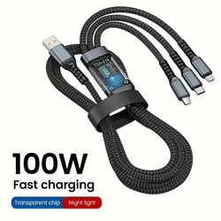 3 in 1 100w Super Fast Charging Cable, LED Indicator, Durable Nylon braiding, Charging Solution for Type-C, iPhone, and Android