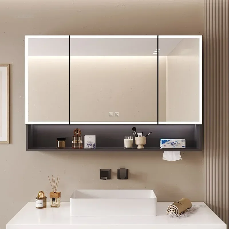 new Space Aluminum Bathroom Mirror Cabinet Bathroom Furniture Wall-mounted Mirror Light Integrated Cabinets with Storage Rack m