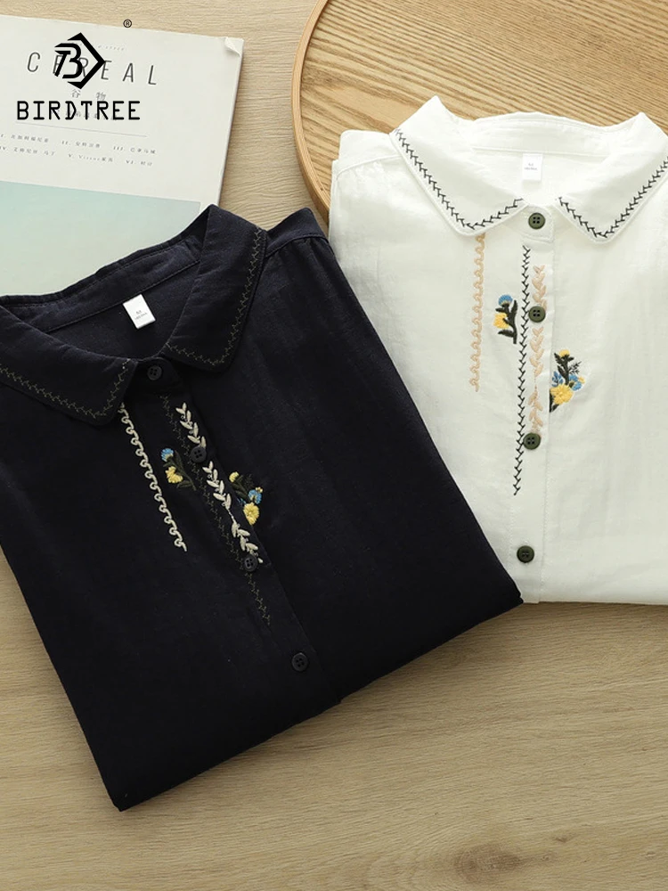 

New 2026 Spring Women Cotton Yarn Long Sleeve Shirt, Lapel Embroidery, Mori Girl Retro Ethnic Style Thin Loose Blouse T63693CC
