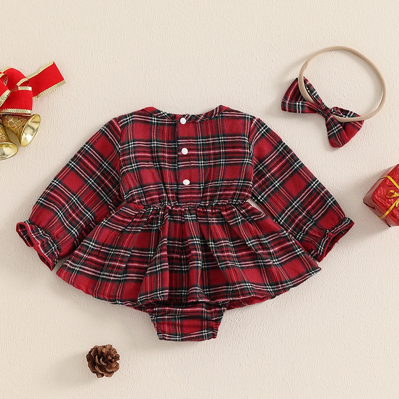 Baby Girls Christmas Outfits Long Sleeve Plaid Patchwork Romper Dress + Headband Set Newborn Xmas Clothes