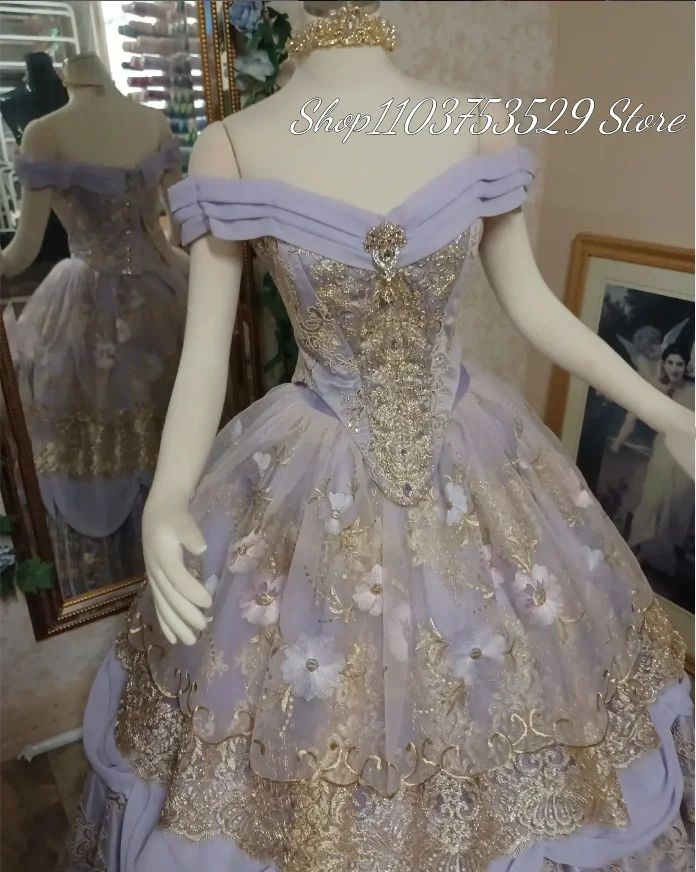 Luxury Lilac Purple Role Play Prom Dresses Delicate Ruffled Tulle Cubic Floral Fluffy Princess Victorian Vintage Halloween Dress