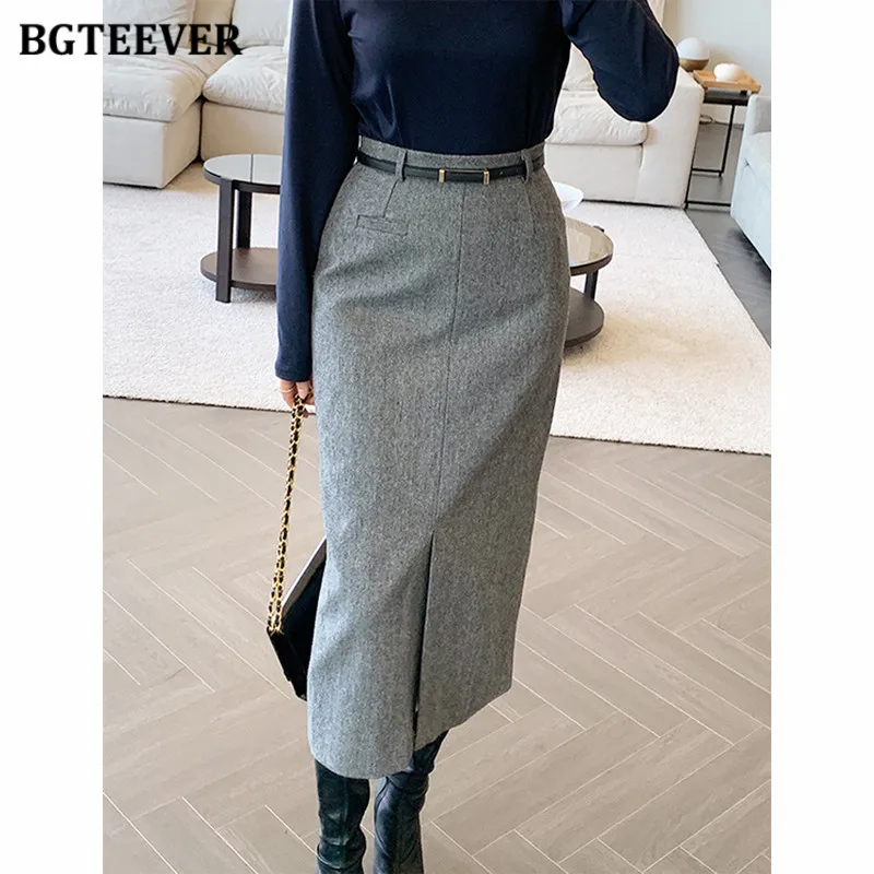 BGTEEVER Vintage High Waist Female Split Skirts Elegant Skinny Mid-Length Woolen Skirts for Women Autumn