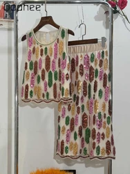 Fashion Summer Beach Holiday Handmade Beaded Sequins Vest Camisole Top Female Elastic Waist Skirt  Womens Two Peice Sets