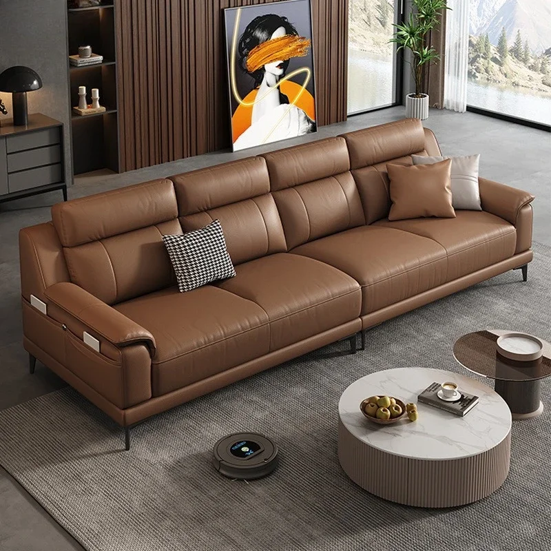 High-end leather straight row living room home modern simple light luxury small apartment sofa