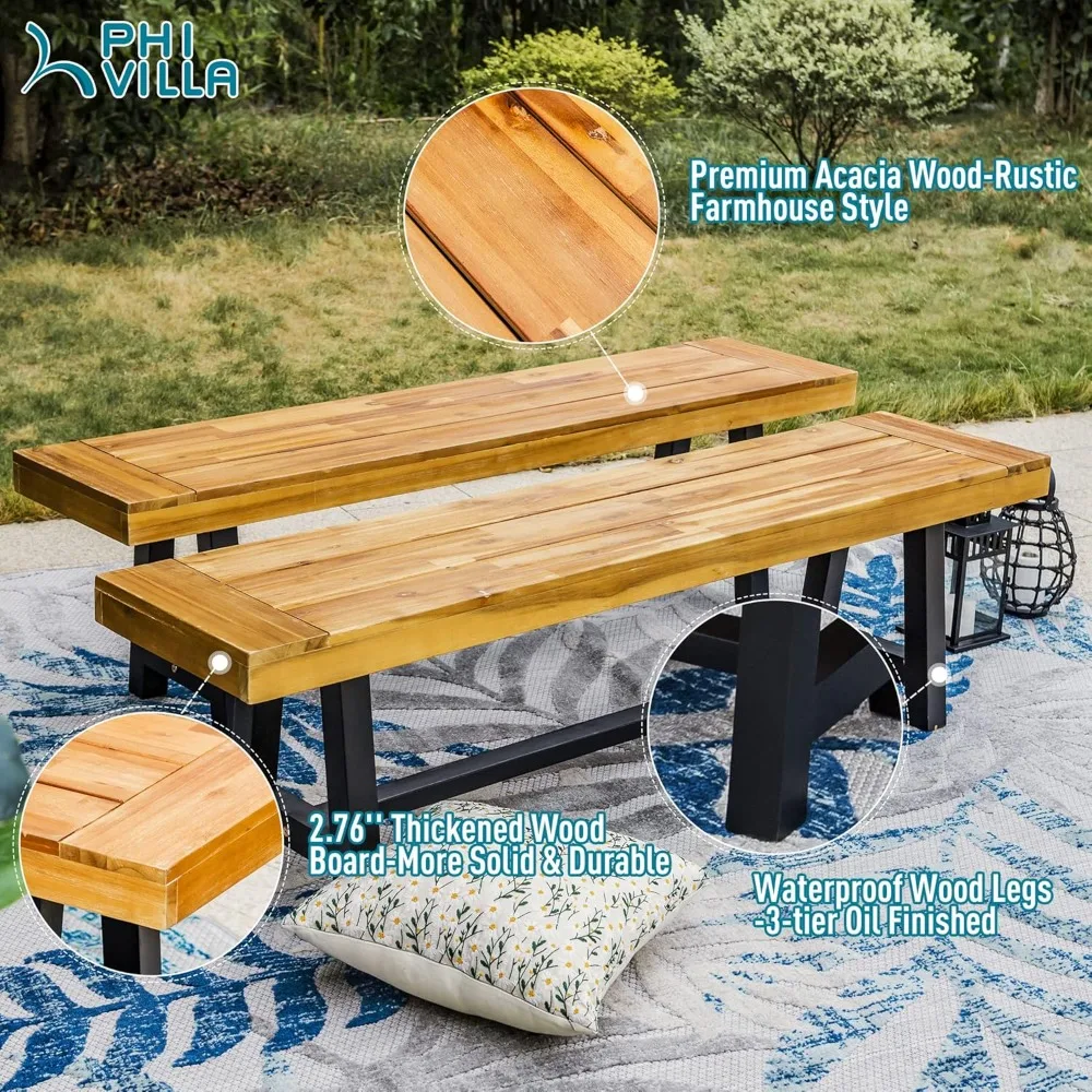 Outdoor Dining Table ， Bench Set for 6, 1 x Acacia Wood Dining Table  2 x Benches, Patio Wooden Dining Set for Porch, Yard, Deck