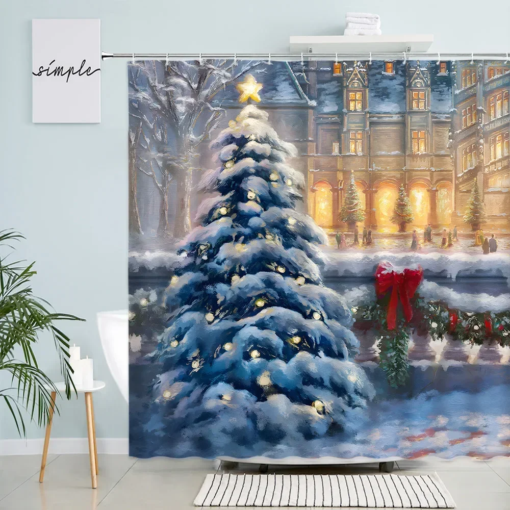 Merry Christmas Shower Curtain Christmas Tree Winter City Snow Night Scene Oil Painting Art Bathroom Wall Decor With Hook Screen