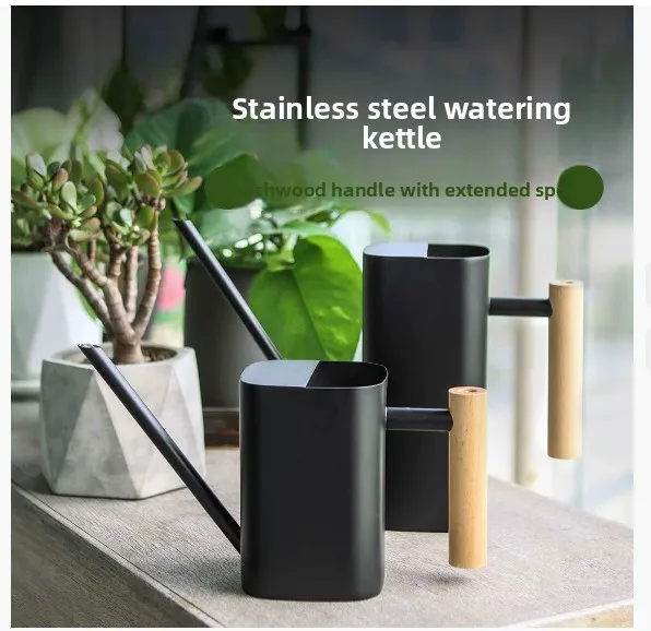 

European stainless steel long nozzle watering kettle for household gardening, Nordic square wooden handle watering kettle