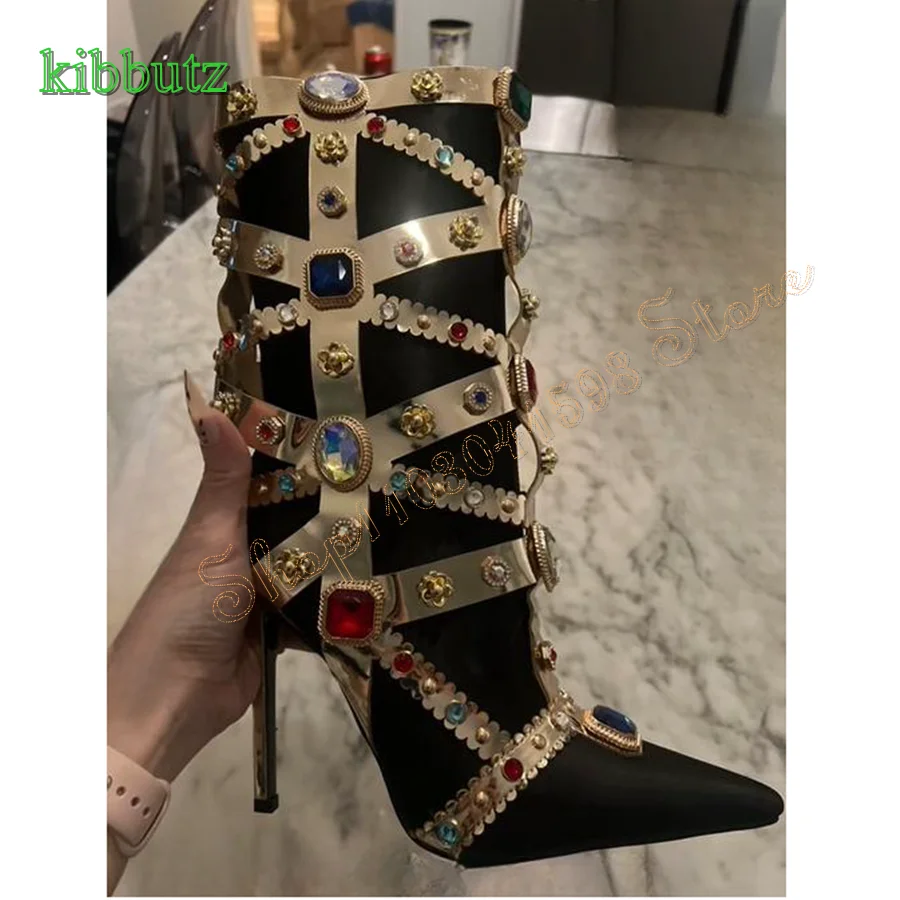 

Colorful Crystal Gem High Heel Boots,Pointed Toe Leather High Heel Boots Zipper Mid Calf Women Boots2024 New Zapatos Para Mujere