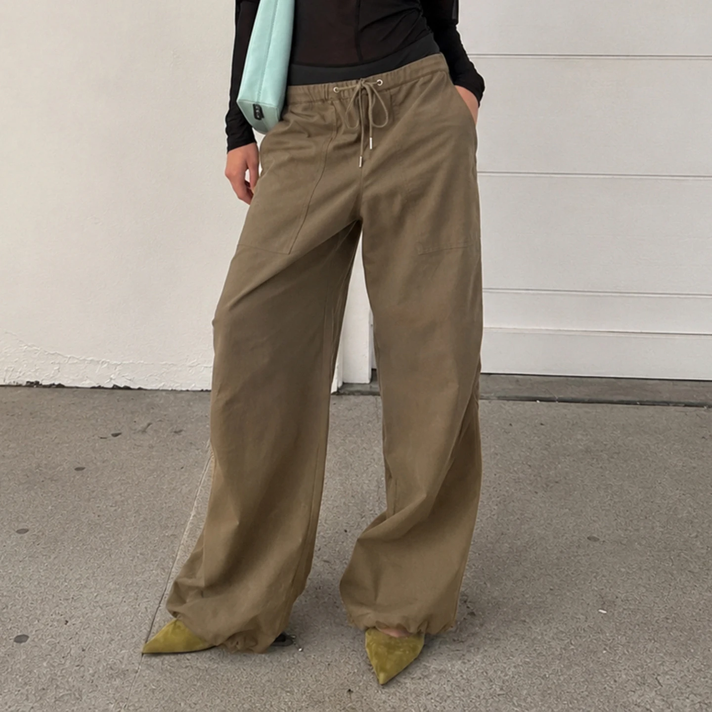 Women Drawstring Waist Cargo Pants Loose Wide Leg Bottom Hem Adjustable Drawstring Pocket Casual Streetwear Baggy Trousers