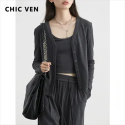 CHIC VEN Women Cardigan Loose Solid New Knitted Sweaters Female Jumpers V Neck Girl Camisole Casual Pants Autumn Winter 2024