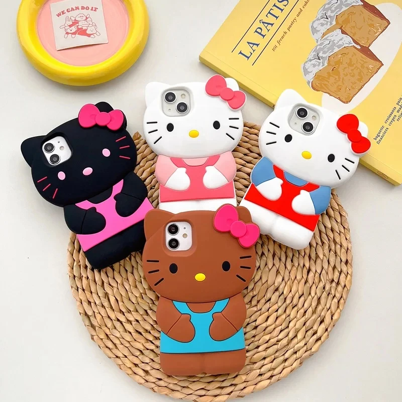Funda de silicona suave de Sanrio 3D Hello Kitty con moño para iPhone 17 16 15 14 13 12 Pro Max 11 Xs XR 7 8 Plus SE 2