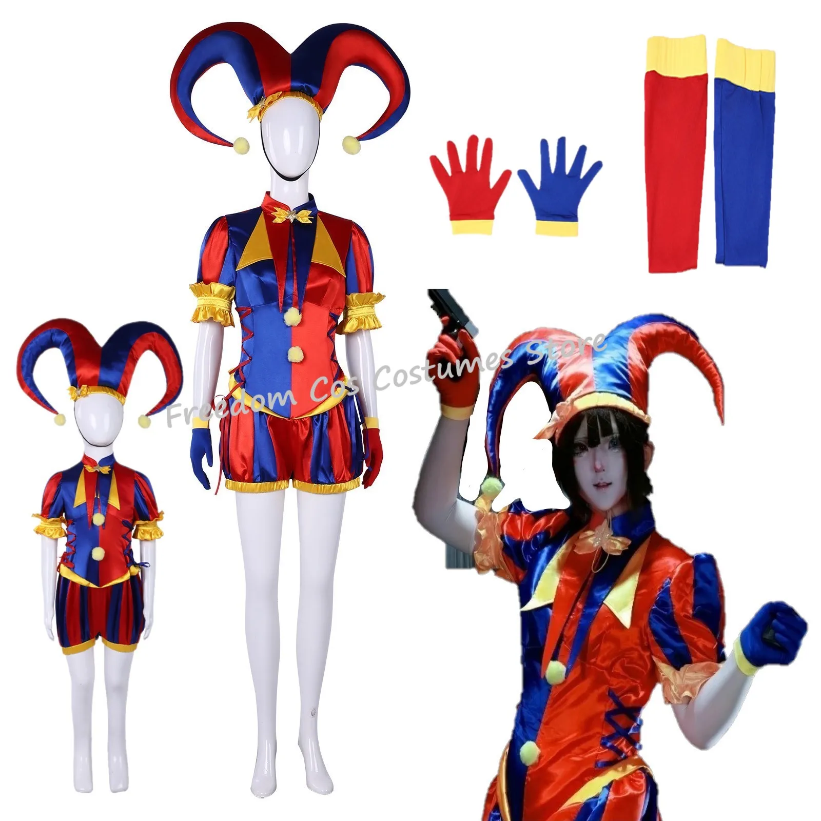 Divertido disfraz de payaso de circo Pomni, disfraz de bufón femenino, mono azul y rojo con sombrero, guantes y calcetines, traje para fiesta de Halloween.