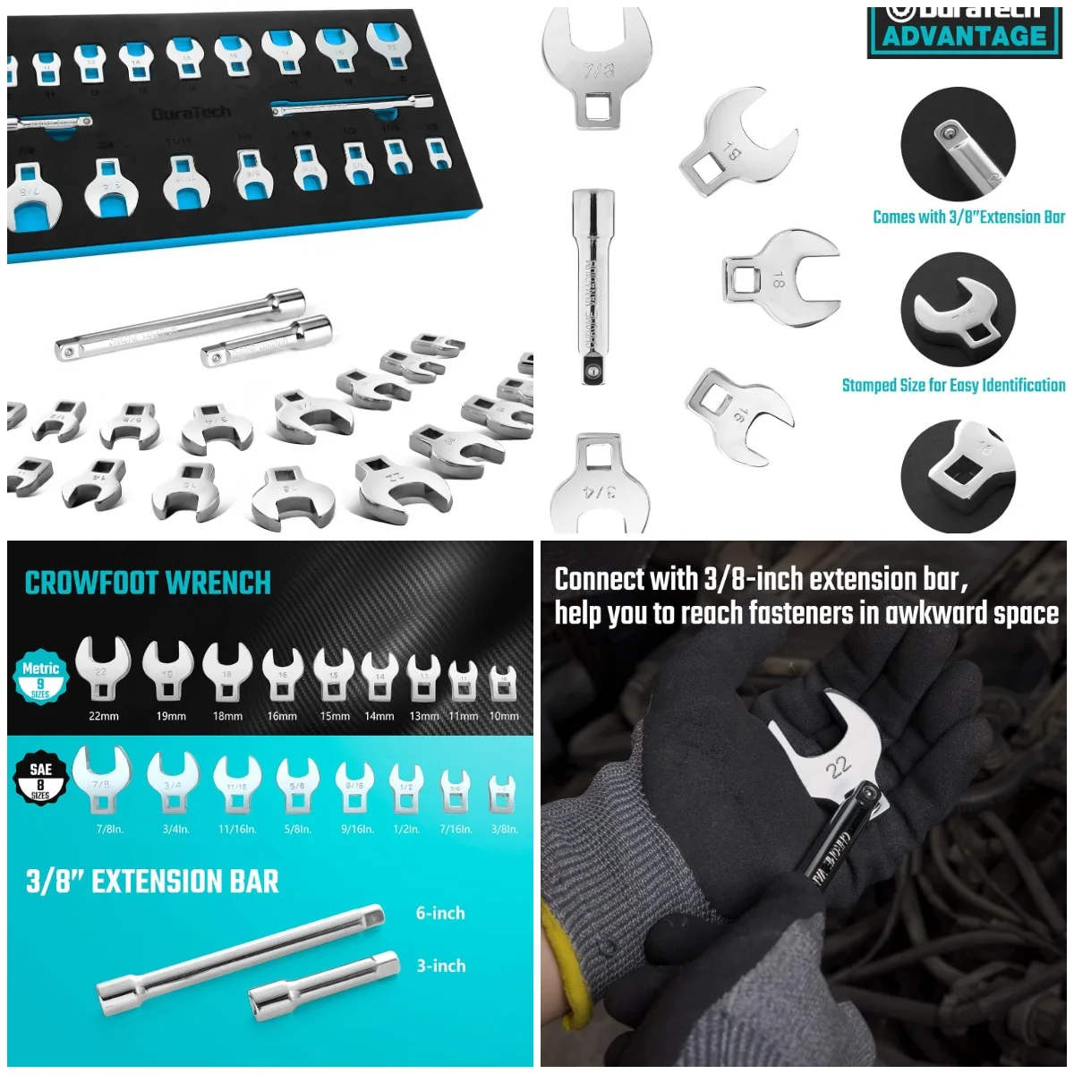

Набор ключей Crowfoot с приводом 3/8 дюйма, 19 предметов, SAE и метрическая, 10–22 мм, сталь CR-V, с органайзером EVA