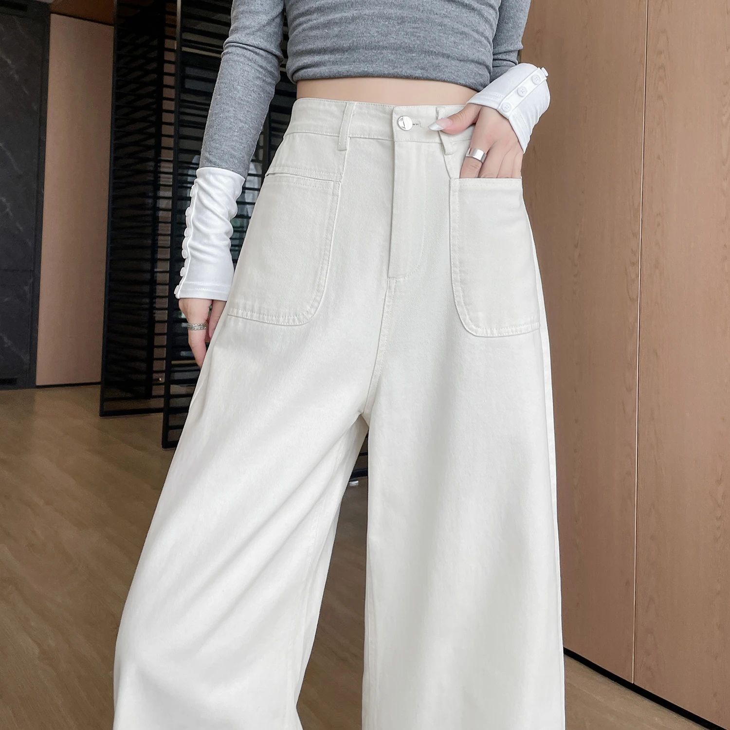 Hohe Taille, weites Bein, Hose für Damen, 2025, Herbst und Winter, gerade, lange Hose, lässige, feste Damenhose