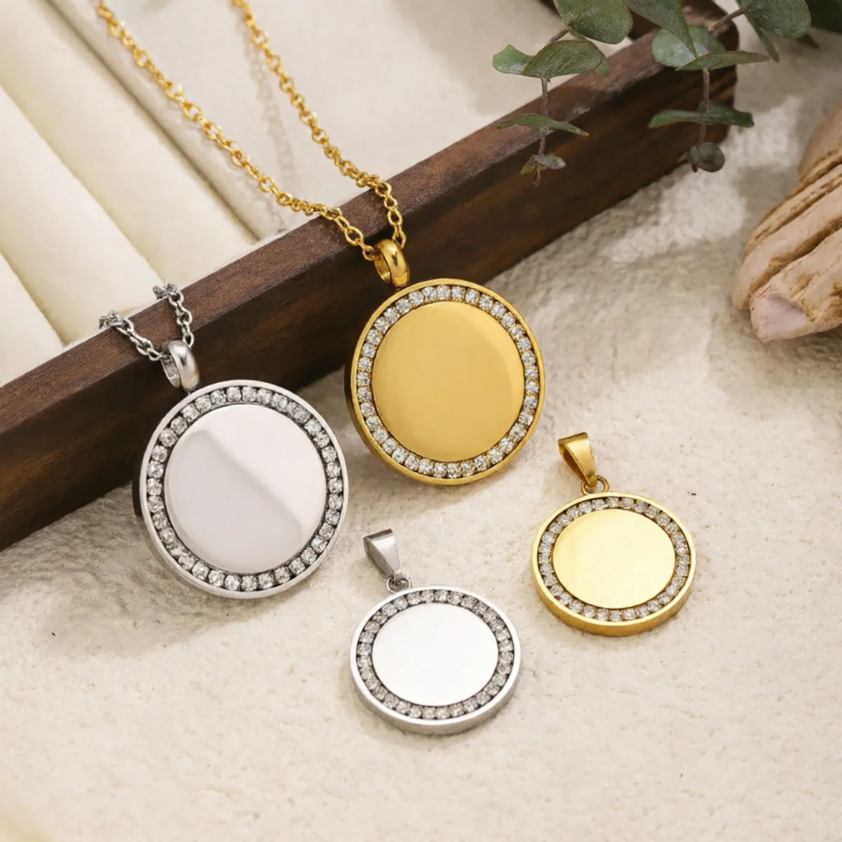 Stainless Steel 21/30mm Circle Mirror Surface Charms with Rhinestone Necklace Hip Hop DIY Jewelry Gift for Men Women Accessories