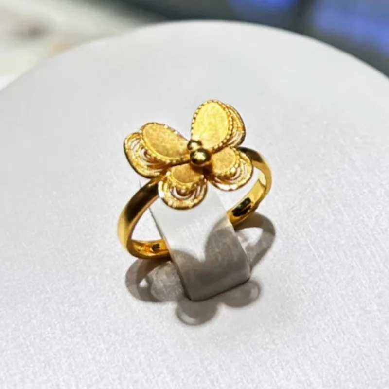 Light Luxury Brushed Double Butterfly Open Ring For Women 24K Gold AU999 Matte texture, noble double butterfly styling