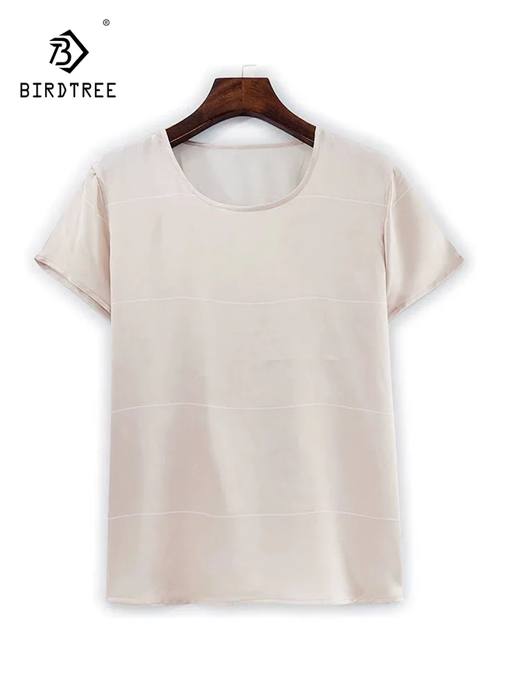 

Элегантная футболка BirdTree из шелка, полосатый принт с круглым вырезом и короткими рукавами, женский модный повседневный базовый свободный топ, новинка зимы 2025 года T5N064CC