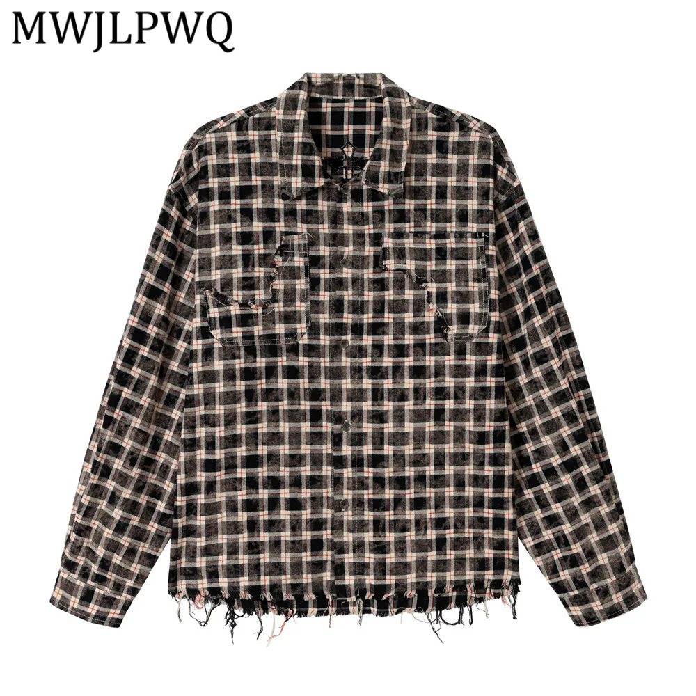 

MWJLPWQ Винтажная клетчатая рубашка с длинным рукавом для мужчин, модная, с потертостями и рваными краями, с карманами, уникальный свободный крой, клетчатый топ 13304