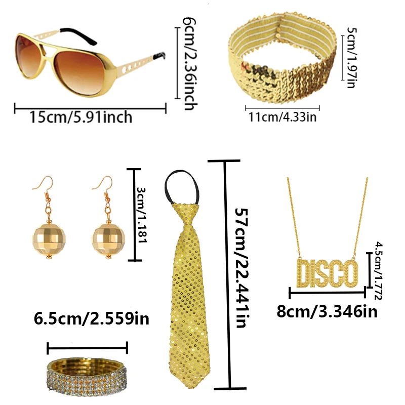 PESENAR jaren 1970 Disco Rock Star Cool Outfits Gouden Bal Oorbellen Ketting Bling Hoofdband Stropdas Zonnebril Sieraden Set