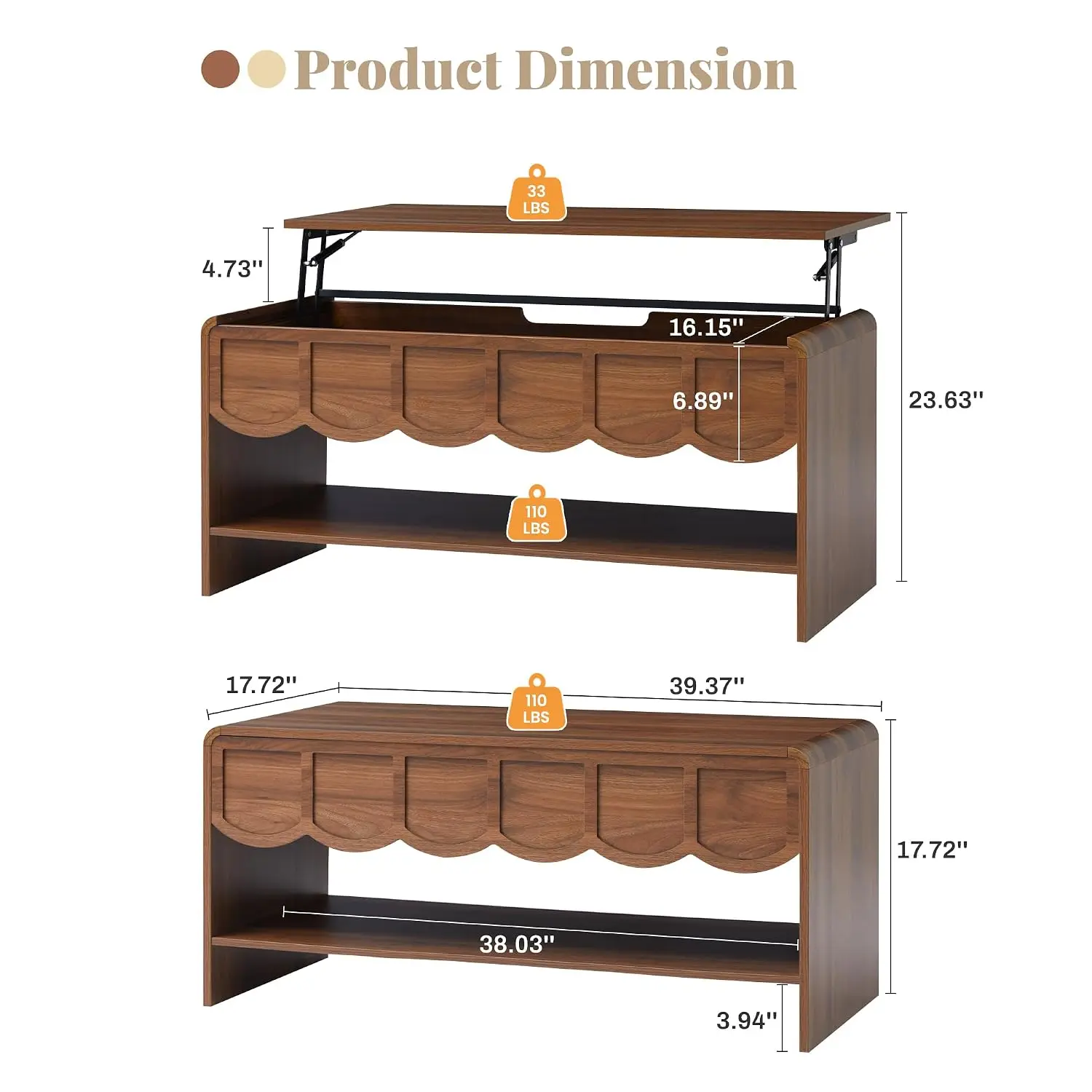 Lift Top Coffee Table Hidden Storage, 2 Tier Wooden Center Table Wave Design, Modern Living Room Office, Walnut, Customized