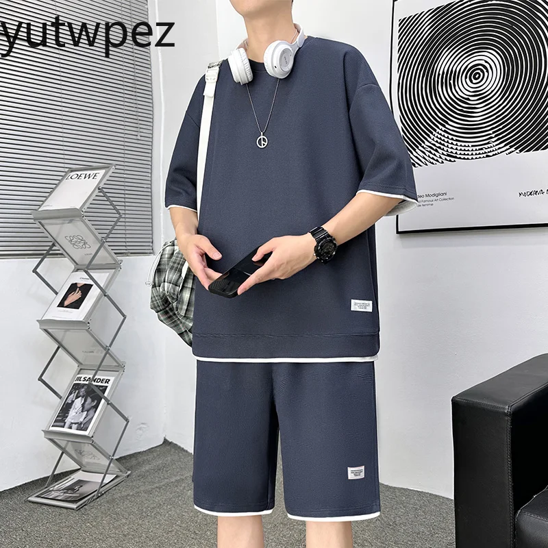 Men's Sports Running Cycling Outdoor Hiking Waffle Comfortable Tracksuit Suits Summer Casual Short-sleeve T-Shirt + Shorts Set