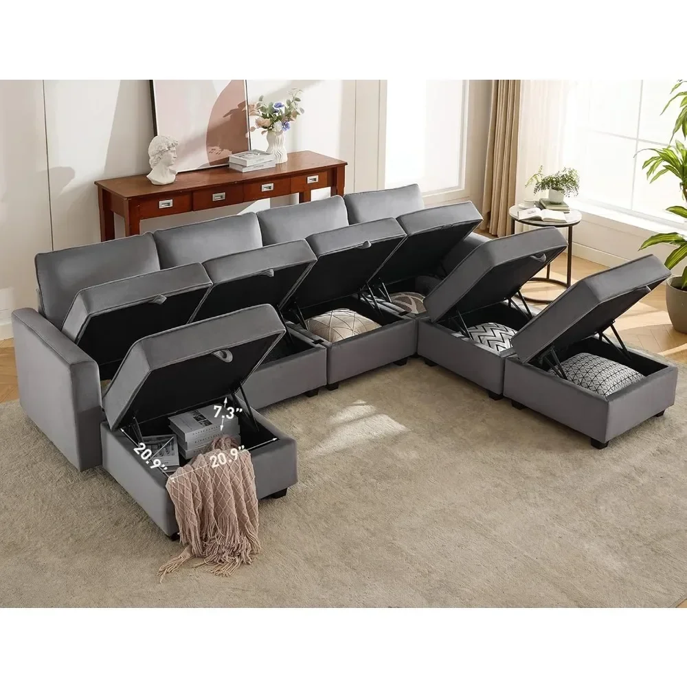 Modular Sectional Sofa with Storage, 6 Seat Convertible Couches for Living Room, Velvet U Shaped Sofa Bed Couch