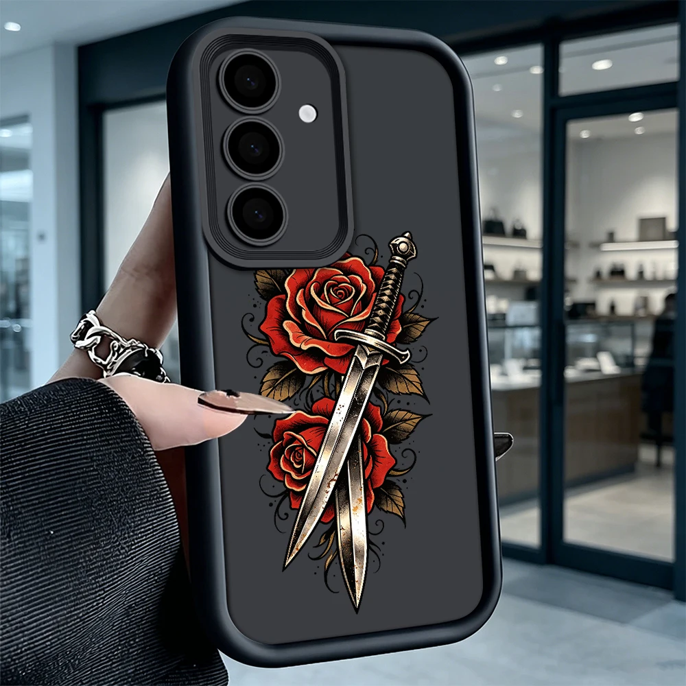 Red Rose Tattoo Shockproof Soft TPU Back Case For Samsung S22 S23 S24 S25 S26 Ultra A16 A35 A55 Anti Drop Cover