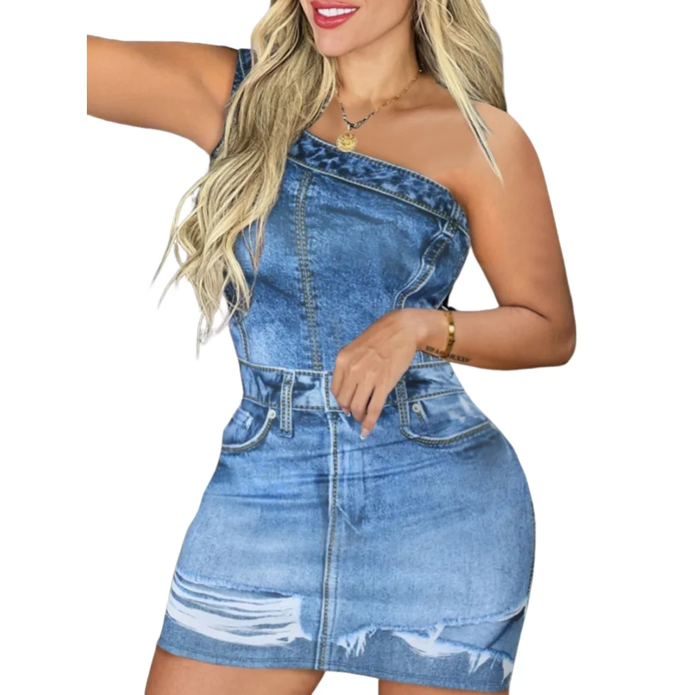 2024 Summer Fashion Women\'s Dress Casual All Over Denim Look Print Diagonal Collar One Shoulder Sleeveless Bodycon Mini Dress