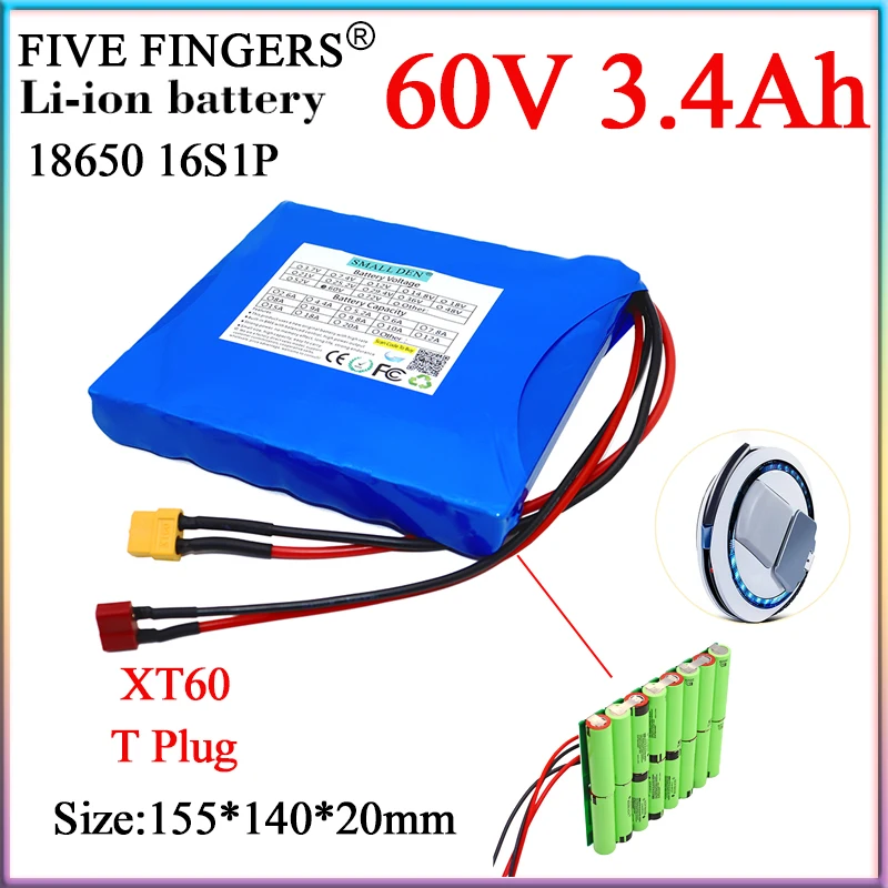 

New 60V 3.4Ah 16S1P 18650 Rechargeable Lithium Battery Pack 204WH 3400mAh Built-in BMS For E-Scooters Balance E-unicycle/bicycle