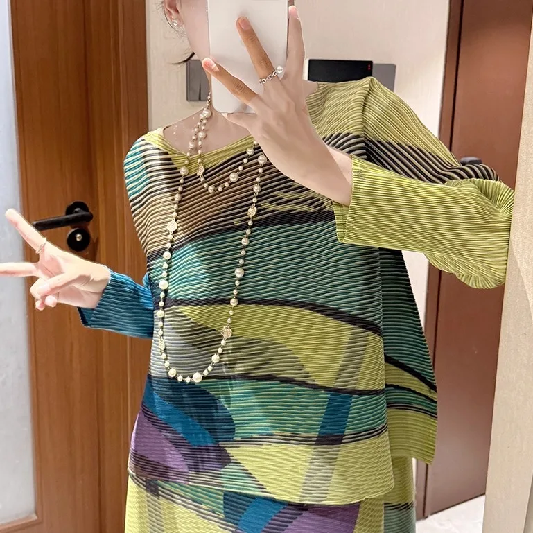 2026 Spring New Women Set Geometric Pattern Printed T-shirt High Waist Casual Loose Large Skirt Fashion Casual Female Clothing