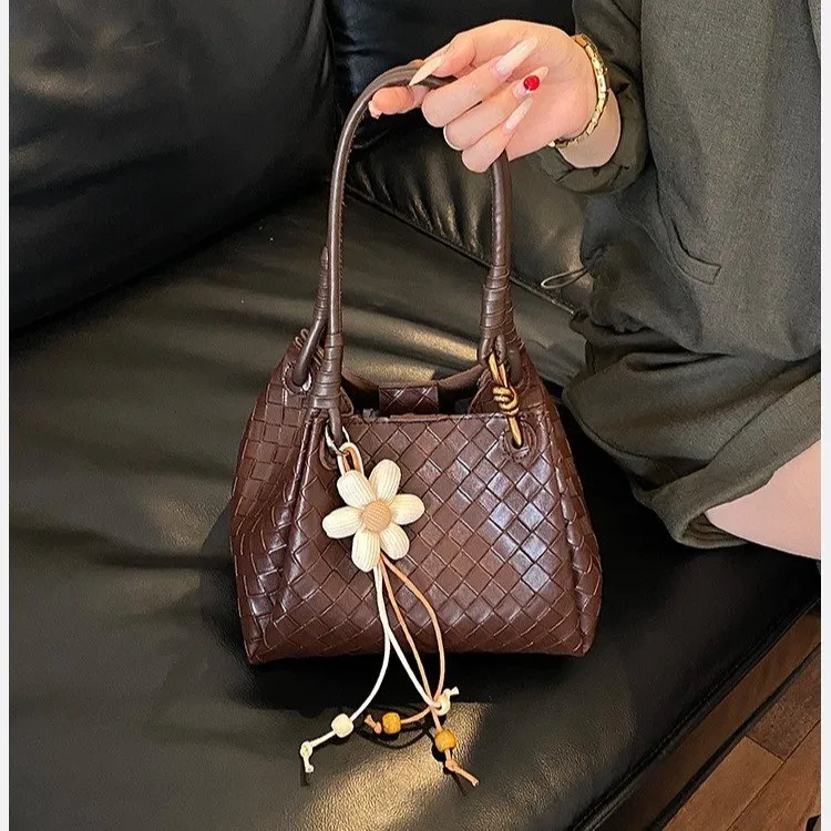 Delicate Texture Women's Bag Woven Soft Wind Flower Pendant Decorated Handbag Single Shoulder Crossbody Multi-purpose Bag