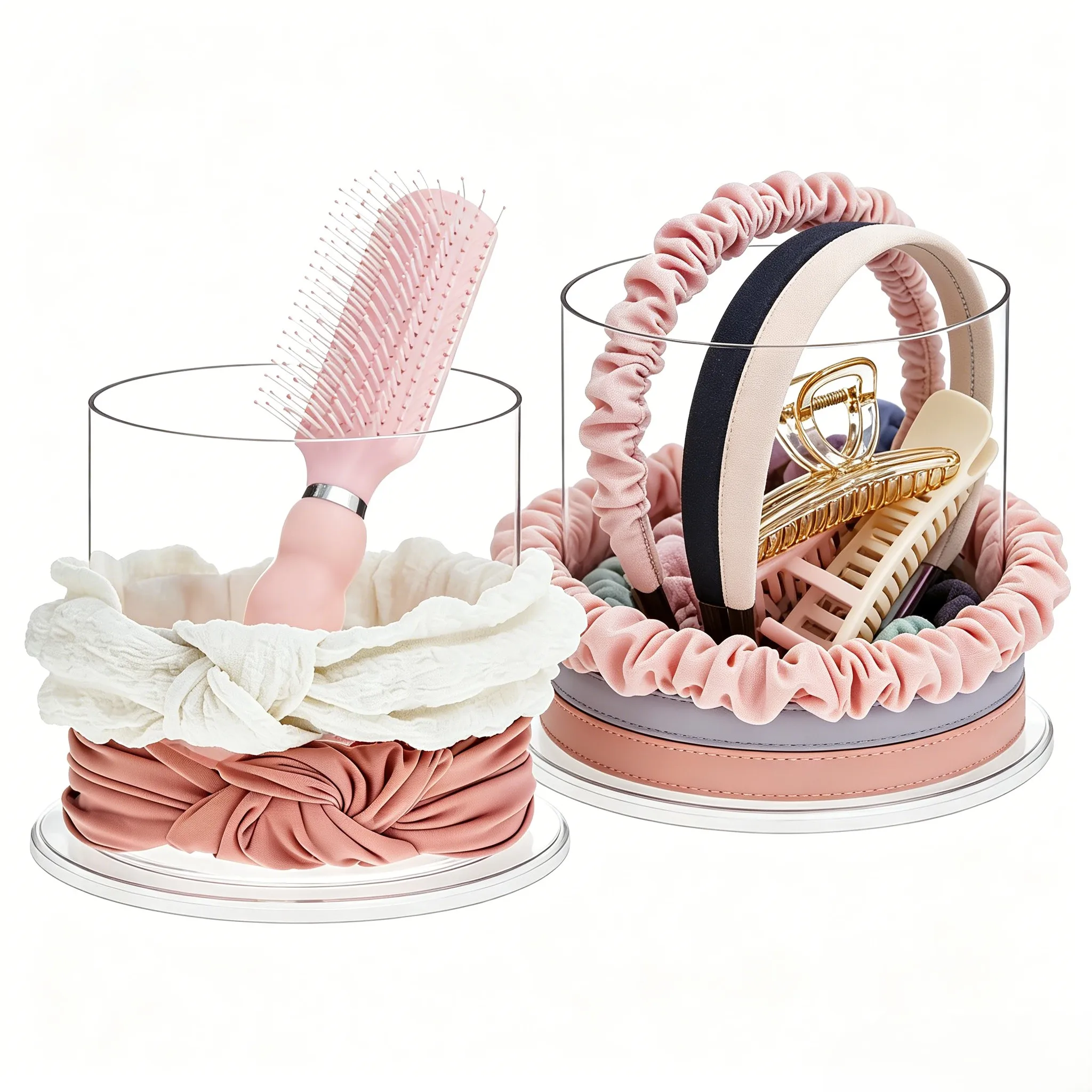 2 Pack Transparent Hair Accessory Organizer Cylindrical Shape for Brushes Combs Scrunchies Headbands Dressing Area