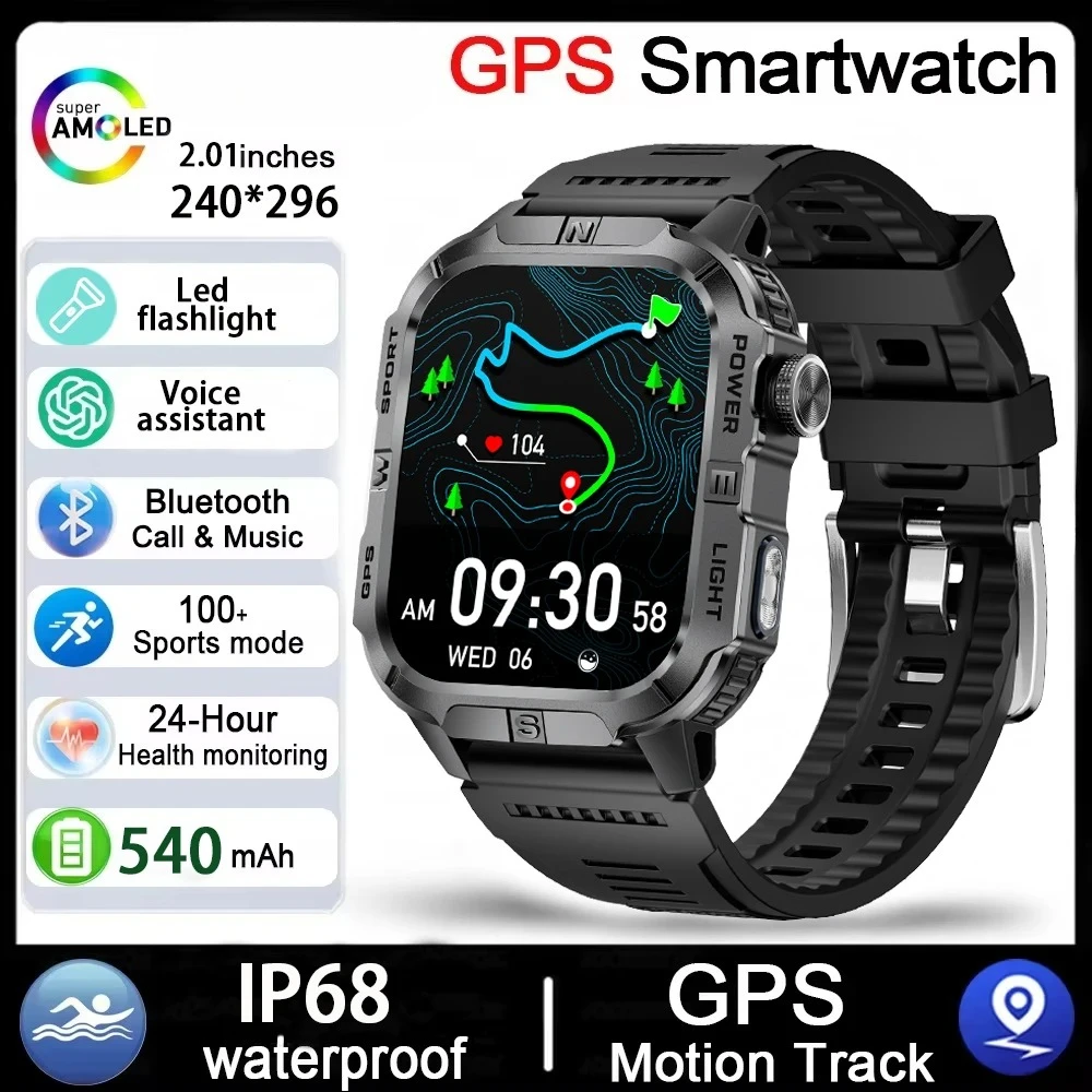 Фото Смарт-часы XIAOMI 2026 для мужчин в военном стиле с GPS, LED-подсветкой, компасом, беспроводной связью, водонепроницаемостью IP68