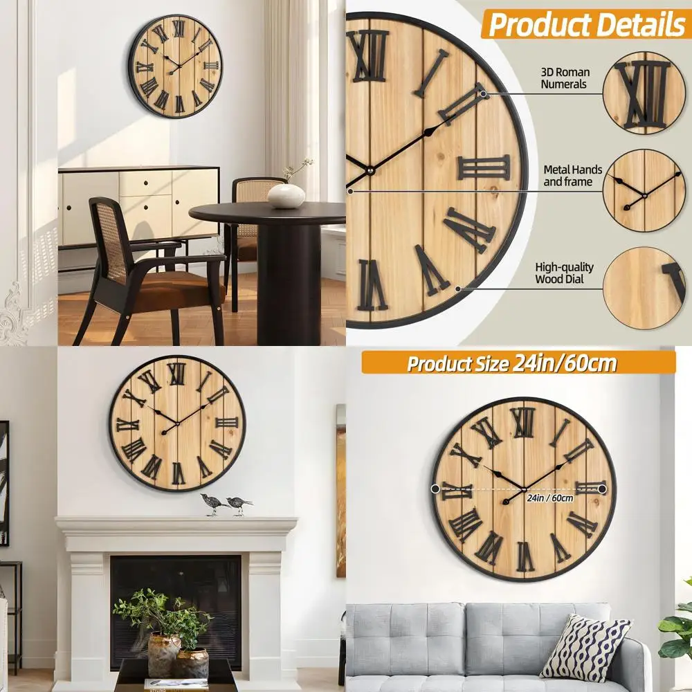 

24-Inch Silent Metal and Wood Wall Clock, Battery-Powered for Home and Outdoor Decor, Suitable for Living Rooms and Farmhouse St