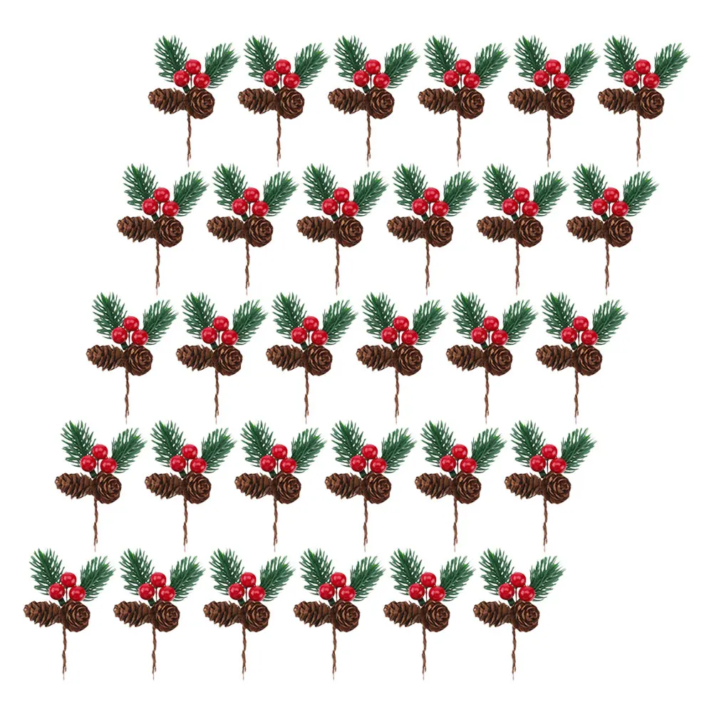 

30pcs Christmas Decorations Artificial Pine Branches With Red Berries Pine Cones Realistic Holiday Wreath Garland Diy Craft