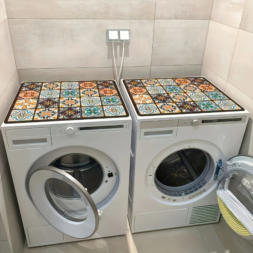 Vibrant Retro Colorful Tile Washing Machine Cover And Durable Multicolor Floral Pattern for Kitchen Or Laundry Room Decoration