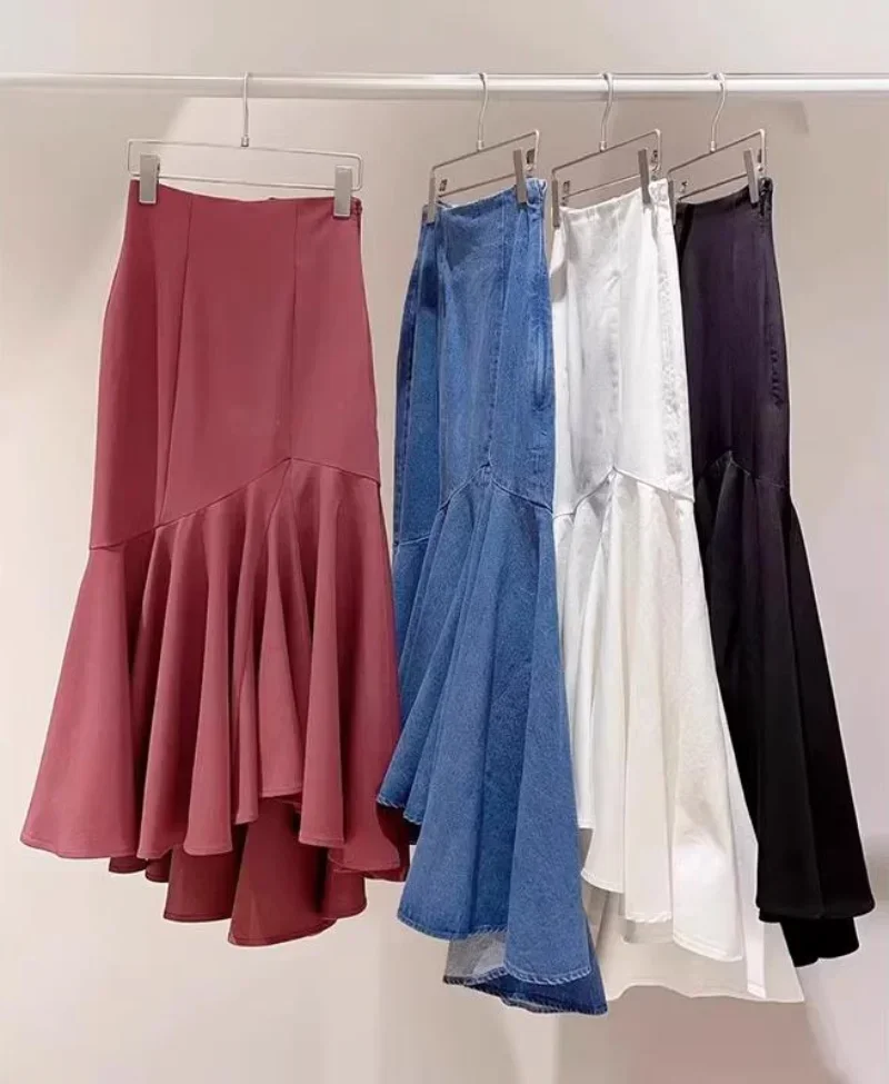 Kuzuwata 2024 Summer High Waist Wrapped Hip Skirts Irregular Solid Color Mid-length Jupe Harajuku Denim Trumpet Faldas Largas